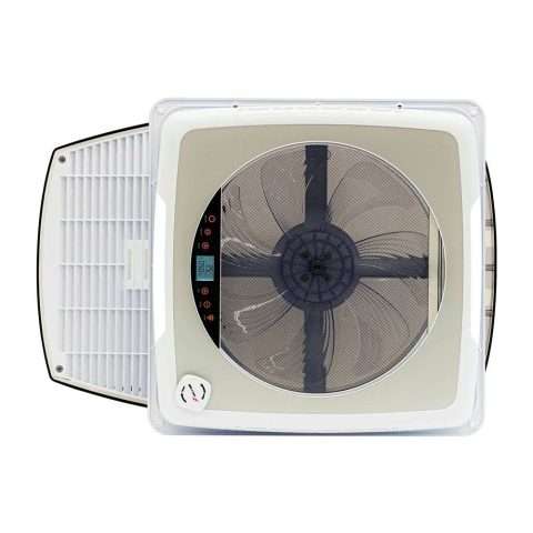 White roof vent fan with LED light and blackout blind